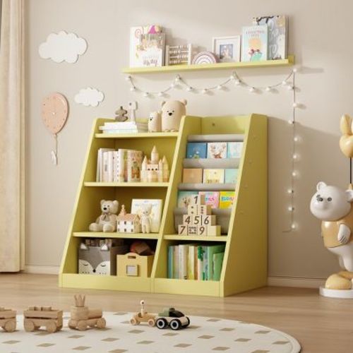 Yellow Wooden Toy Storage Organizer Cabinet Kids Bookshelf Children Bookcase Toddler Baby Sling Book Rack Shelf for Playroom Bedroom Nursery