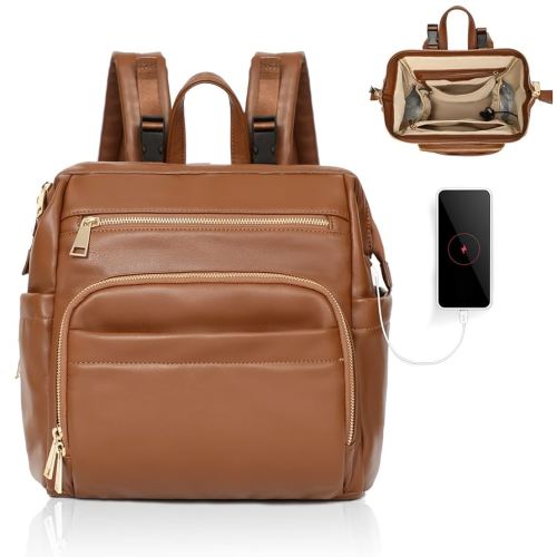Small Diaper Bag Mini Diaper Bag Backpack Leather Diaper Bag With 12 Pockets Baby Travel Bag,2 Insulated Pockets,USB Charging Port,Stroller Straps,Brown