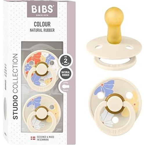 BIBS Pacifiers - Studio 2 Pack | Round Nipple Baby Pacifier | BPA Free Natural Rubber Latex Soother | Made in Denmark | Size 6+ Months | Morning Bloom Ivory