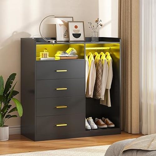 Bigbiglife Dresser with Clothes Rack for Bedroom Wood, 4 Drawer Dresser White with LED Lights and Power Outlet, 15.7" D x 43.3" W x 45.7" H, Tall Storage Chest of Drawers with Flexible Shelf (Black)