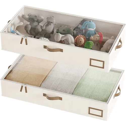 Under Bed Storage, Under Bed Storage Containers Bins for Clothes, Large Linen Underbed Closet Organization Bins, 2 Pack Collapsible Underbed Bin Dorm for Clothes, Sweater, Beige