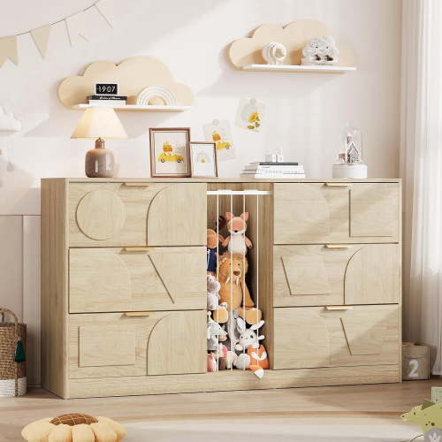 6 Drawer Dresser for Bedroom, 58.1" Wide Wooden Dresser with Geometric Patterns for Kids, Large Dressers & Chests of Drawers for Storing Toys and Yoga Mat (Oak)