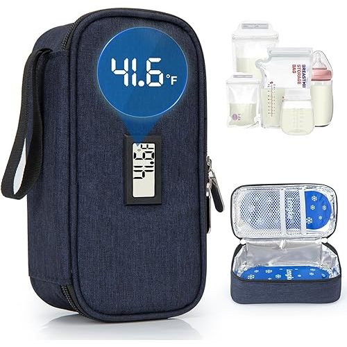 Breast Milk Cooler Travel Bag with Real-Time Temp Display - Holds 20oz Breastmilk Storage Bag & Cooling, Portable Breast Milk Cooler Bags with 2 Ice Packs for Breastmilk Storage(Blue)