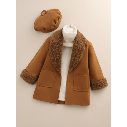 Baby Girl Raw Finish Pocket Shearling Sherpa Lapel Collar Coat and Beret