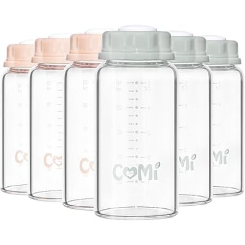 COMI Natural Glass Baby Bottle,Standard Neck Breastmilk Storage Bottle for Fridge,Breast Milk Container,Breast Pump Bottle Compatible with Medela Breast Pump,BPA Free,6PCS (5oz,3 Gray+3 Pink)