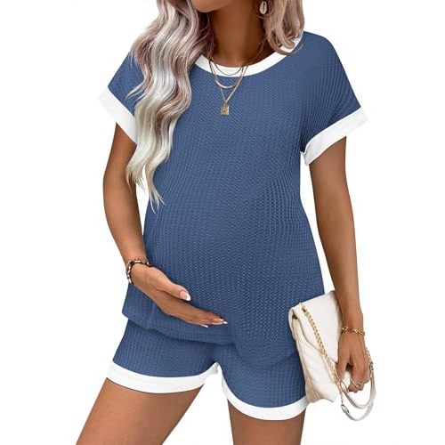 Ekouaer Maternity Pajamas 2 Piece Outfits Waffle Knit Pregnancy Sleepwear | 2-Piece Set, Short Sleeve Tops and Shorts, Loungewear Set, Summer Pregnant Clothes