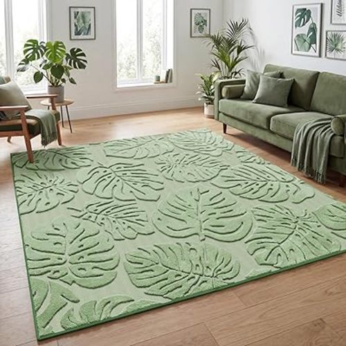 Sage Green Monstera Area Rug 8x10, High-Low Plush Pile Washable Rugs for Living Room Bedroom, Tropical Non Slip Nursery Carpet Soft Indoor Shag Rugs for Dining Room