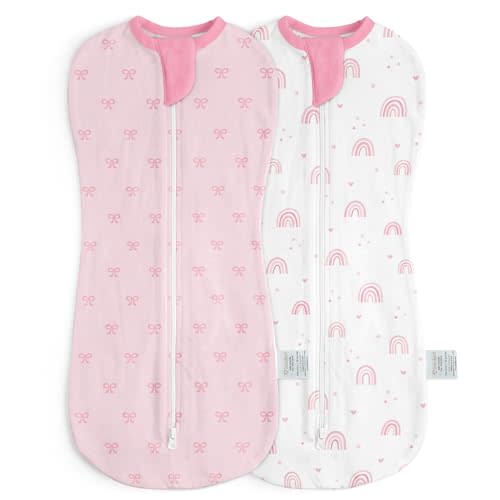 Baby Swaddle 0-2 Months, Cotton Arm-In Zipper Sleep Sack, Wearable Blankets Wrap for Newborn Infant Girls (Bow, Rainbow, Pack of 2)