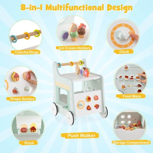 Costway Wooden Baby Walker Ice Cream Cart Toy with Sweet Accessories & - See Details