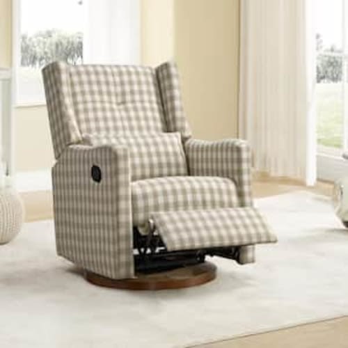 Quixara Khaki Fabric Manual Swivel Glider Recliner with Wood Base and Pillow for Livingroom and Bedroom