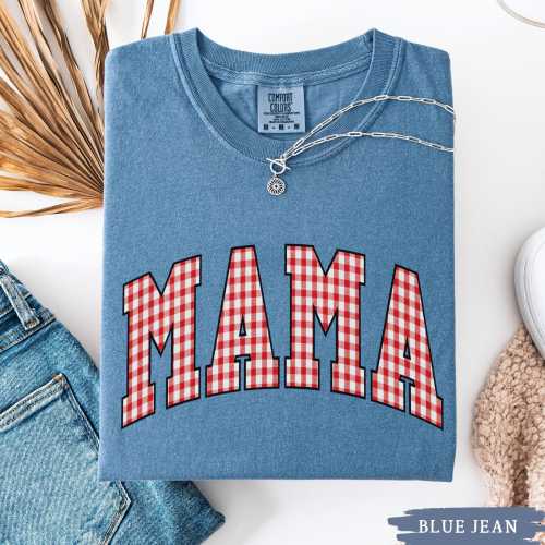Red Gingham Mama Shirt, Promoted to Mommy Comfort Colors Tee, Houndstooth New Mom Crewneck, Mothers Day Gift, Checkered Pregnancy Reveal Top