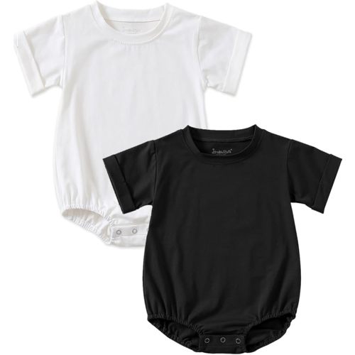 Jimonda Baby Bubble Rompers Boy Girl Solid Color T-Shirt Outfits Short Sleeve Button Bodysuit Cotton Tops Clothes 2Pcs