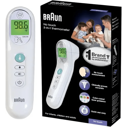 Braun No Touch 3-in-1 Thermometer for Adults, Kids & Babies, Measures Forehead, Liquid and Food Temps, Professional Accuracy & Color Coded Fever Guidance