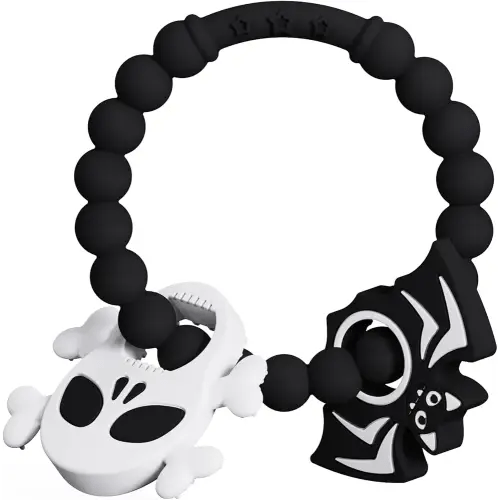 Halloween Baby Teething Ring Toys – Skull & Bat Silicone Teethers for Newborns, Infants & Toddlers – Sensory Chew Bracelet for Teething Relief – Perfect Baby’s First Halloween Basket Stuffers