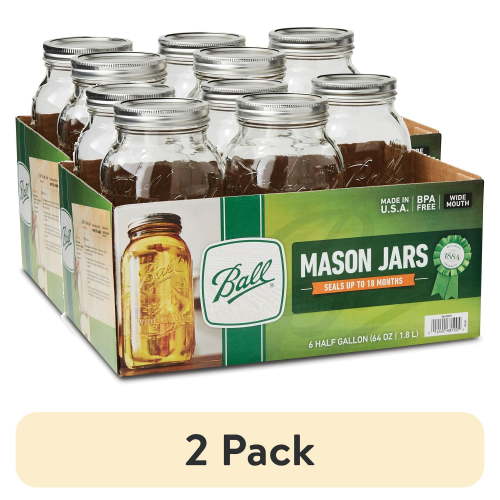 (2 pack) Ball 64 oz Mason Jars, Wide Mouth Half Gallon Canning Jars with Lids and Rings, 6-Pack Extra Large Glass Jars for Home Canning and Pantry Storage