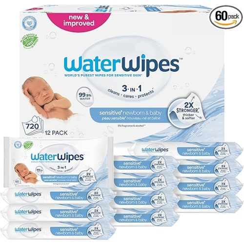 WaterWipes Sensitive+ Newborn & Baby Wipes, 3-In-1 Cleans, Cares, Protects, 99.9% Water, Unscented & Hypoallergenic, 720 Count (12 Packs)