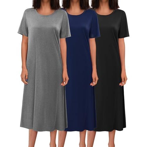 Ekouaer 3 Pack Long Nightgowns for Women Full Length Short Sleeve Nightshirt Soft Plus Size Sleepwear Casual Loungwear
