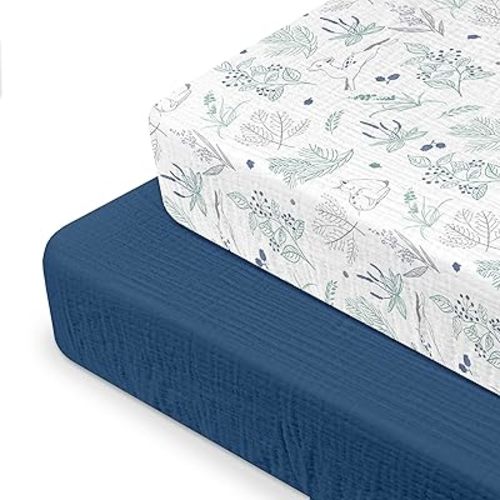 Muslin Mini Crib Sheets, 2 Pack for Baby Boy and Girl, Soft Breathable Stretchy Baby Pack N Play Mattress and Mini Cribs Sheet, Universal Fitted Portable/Mini Crib Mattresses (Blue Deer)