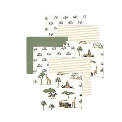 Little Treasure Hudson Baby Cotton Poly Flannel Receiving Blankets Multipack, Green Going On Safari, 30x30 inches