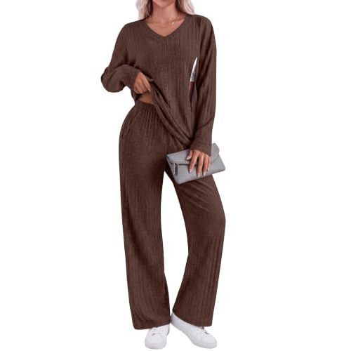 Huukeay 2 Piece Postpartum Nursing Sets | Nursing Lounge Set, Postpartum Ribbed Outfit, Women Breastfeeding Matching Set, Long Sleeve, Hidden Zipper, V Neck, New Moms