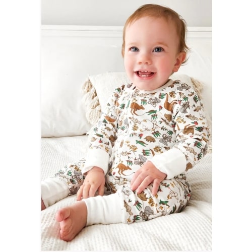 2-Way Zip Baby Sleepsuit 100% Organic Cotton - Native Aussie Animals