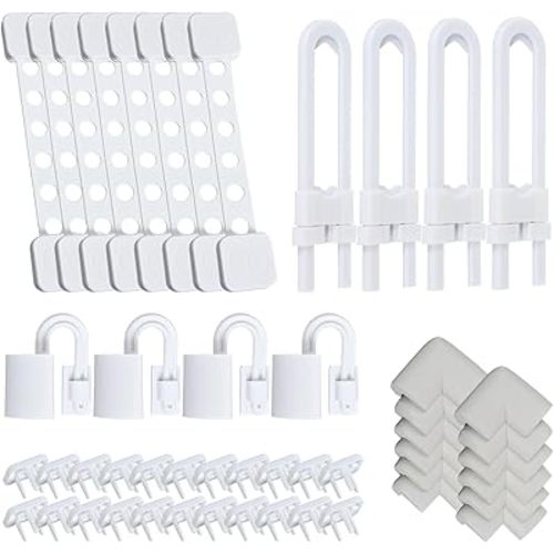 50 Packs Baby Proof Kit - Safety Locks, Corner Guards, Door Finger Protector, Outlet Covers, Slider Locks - Keep Child Safe at Home
