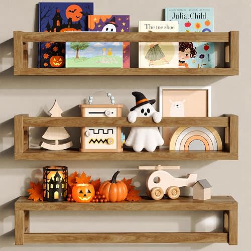 3Pack Nursery Book Shelves, Solid Wood Floatingshelf for Wall, Walnut Brown