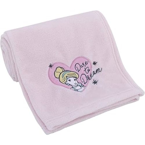 Disney Princess - Dare to Dream Super Soft Pink Heart Cinderella Coral Fleece Baby Blanket, Pink, White, Aqua, Yellow
