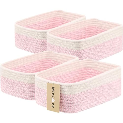 Small Storage Baskets for Organizing | Closet Organizer Bins | Shelf Toy Basket | Woven Rope Baskets | Cube Decorative Box | Shallow Basket | 11.5x7.5x4.7” | 4 Packs White Pink