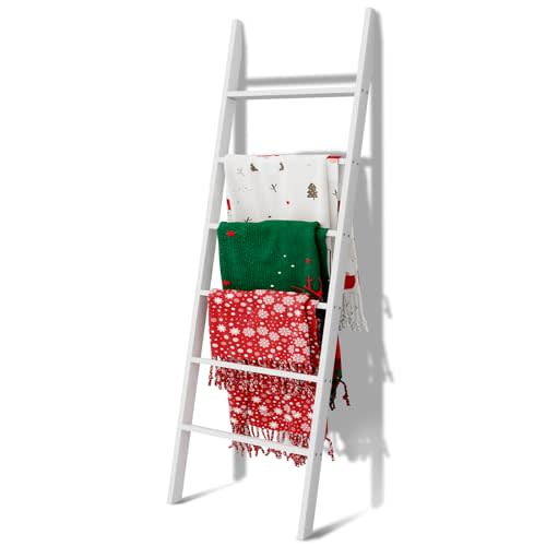 Delywh Wood Blanket Ladder, 57.5'' Rustic Towel Quilt Throw Blanket Ladders for The Living Room, Bedroom, Nursery Stand Holder, Wooden Decorative Ladder for Blankets Rack Farmhouse Home Decor, White