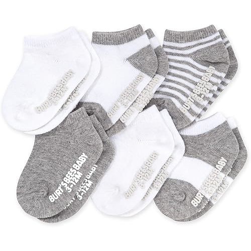 Burt's Bees Baby Unisex Baby Socks Ankle or Crew Height Made with Soft Organic Cotton, 6 Packs with Non-Slip Grips for Babies