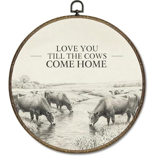 OINDADE Western Cow Round Wall Art Decor, Vintage Rustic Western Cowboy Wall Art Hanging Decor, Love You Till The Cows Come Home Farmhouse Framed Canvas Artwork for Living Room Bedroom, 10x10in