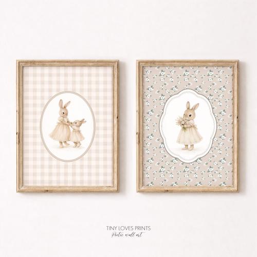 Vintage Bunny Nursery Wall Art Set of 2, Floral Baby Girl Room Decor, Cottagecore Rabbit Print, Neutral Printable