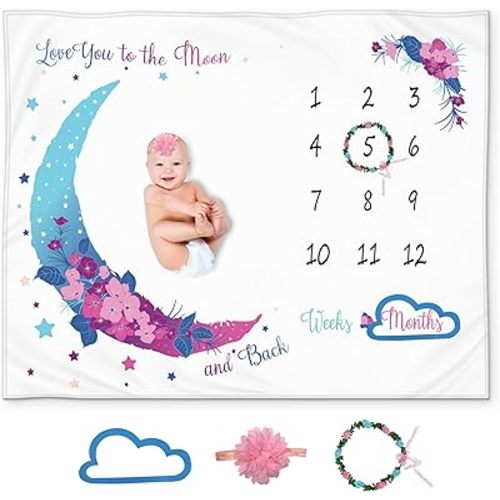 Baby Monthly Milestone Blanket for Girls, Soft Fleec, Floral Moon Photo Growth Chart for Newborn to 12 Months, 50 x 40 in, Includes Headband & Wreath Month Marker