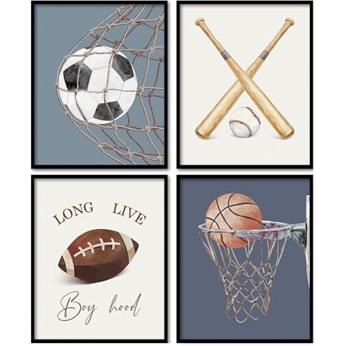 KDHTY Decoración vintage para habitación de niños, decoración de pared para dormitorio de niños, decoración de pared de fútbol para habitación de niños, regalo de béisbol para aula, gimnasio, sala de juegos, 8 x 10 sin marco, juego de 4