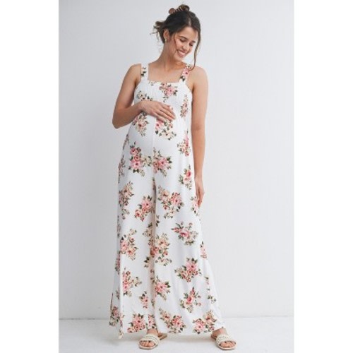 Hello Miz Women's Floral Smocked Square Neck Wide Leg Maternity Jumpsuit with Pockets - Ivory - Medium