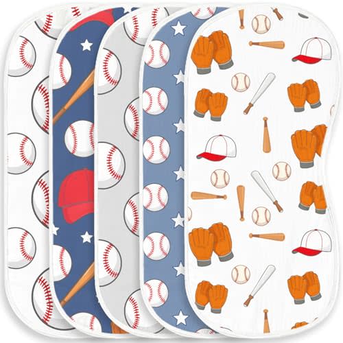 5 Pack Baseball Sport Burp Cloths Baby Boys Girls with Baseball Pattern, Large Cotton Burp Rags for Newborns Gifts Nursery Decor Extra Soft and Absorbent 9.8X19.6inches