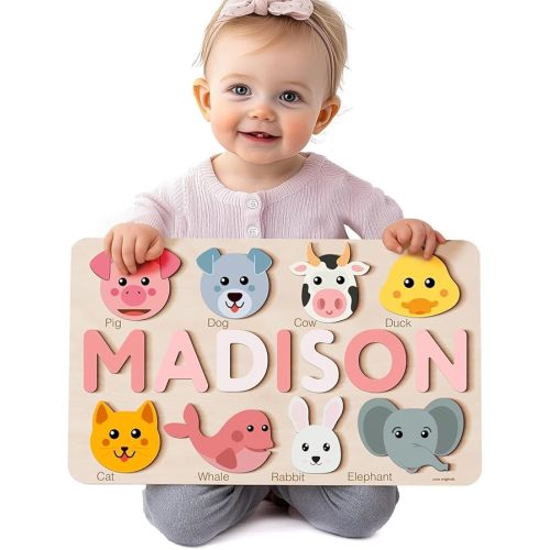 Personalized Name Puzzle for Toddlers 1-3 | Safari, Farm & 12 Themes | Handmade Wooden Montessori Toy, Keepsake Nursery Decor & Perfect 1st Birthday Gift for Boy Girl