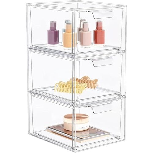 SpaceHacks 3 Pack Stackable Makeup Organizer and Storage, Acrylic Organizers，Clear Plastic Storage Drawer with Handles for Vanity, Undersink, Kitchen Cabinets, Pantry