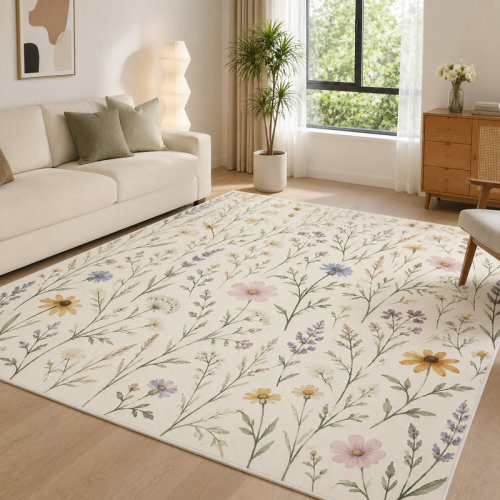 August Grove® 1Pcs Delicate Wildflower Botanical Print Rug - Aesthetic Living Room Decor, Soft Plush Area, Washable and Easy Care, Large Thin Accent with Non-Slip Backing for Bedroom, Kitchen, Hallway Indoor Use for home detor | Wayfair