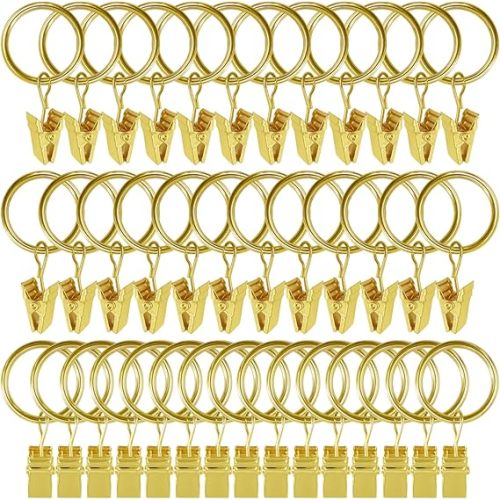 WeeksEight 40 Pack Gold Curtain Rings with Clips, Curtain Hooks Hangers Clip Rings for Hanging Drapes Bows Hat, Drapery Rings 1.5 in I D, Fits up to 1.2 in Diameter Curtain Rod.