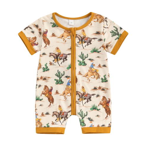 Okbabeha Baby Boys Summer Jumpsuit Casual Western Cow Print Short Sleeve Zipper Romper for Newborn Infant Cute Clothes