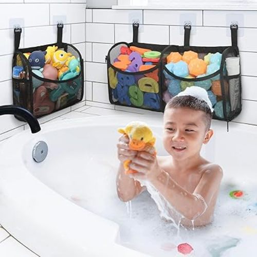 Goowin Rangement 2 + 1 pour jouets de bain, grande ouverture, grande capacité, rangement de jouets de bain en maille à suspendre avec 2 poches latérales pour enfants et tout-petits, noir