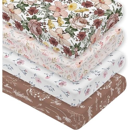 4 Pack Floral Crib Sheet Set for Baby Girl, Soft Breathable Fitted Pink Crib Sheet 28 x 52 in, Vintage Wildflower Nursery Decor for Standard Crib and Toddler Bed Mattresses