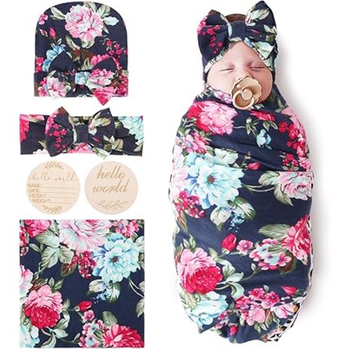 DRESHOW BQUBO Baby Girl Newborn Receiving Blanket with Bow Hat Headband Wooden Birth Announcement Card Set Baby Floral Print Nursery Swaddle Wrap