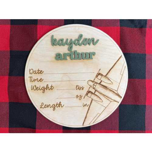 Vintage Airplane Birth Announcement Sign: Engraved Maple Wood