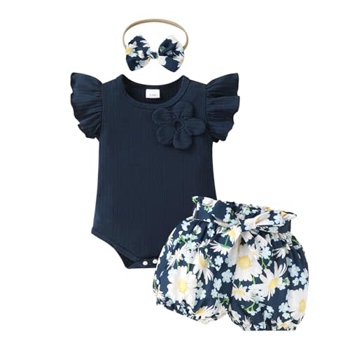 Tiny Cutey Baby Girl Clothes Infant Summer Outfits Set Ruffle Sleeve Romper and Floral Shorts with Headband
