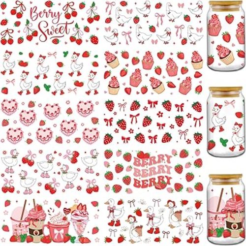 Berry Sweet UV DTF Stickers - 10 Sheets Red Strawberry Cake Bows UV DTF Cup Wraps for 16 oz Glass Water Bottle, Cute White Goose Ice Cream Transfer Sticker Decals Craft Decoration Gifts for Girlfriend