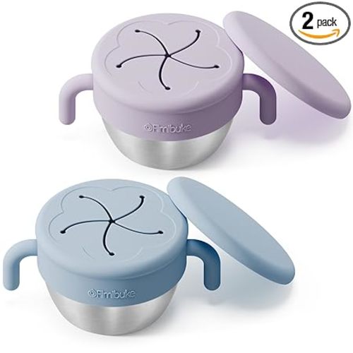 Fimibuke Snack Containers for Toddlers Kids, 12 OZ Spill Proof Stainless Steel Baby Snack Cups with Removable Silicone Food Catcher, Handles & Travel Lid BPA-Free Dishwasher Safe Food Container 2 Pack