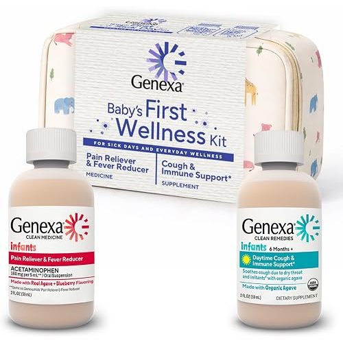 Genexa Baby's First Sick Day Kit, Made Clean, Gift Set for Infant & Toddler | Acetaminophen + Cough Syrup with Agave & Zinc, Dye Free, 0% Artificial Additives, Pain, Fever Reducer + Cough, Immune Support